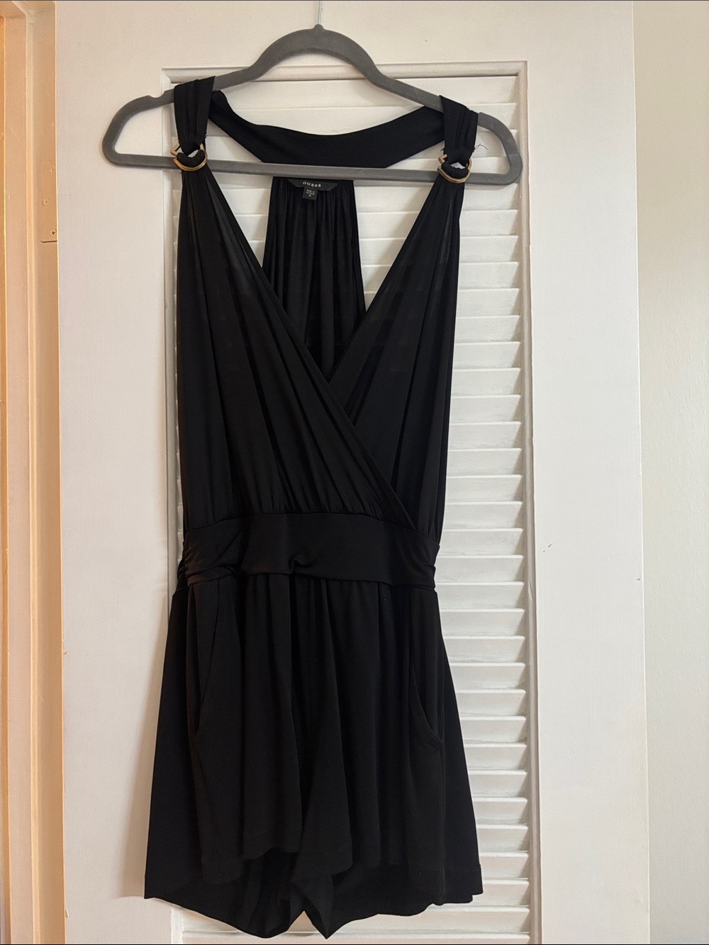 GUESS Black One-Shoulder Romper with Gold Ring Accents